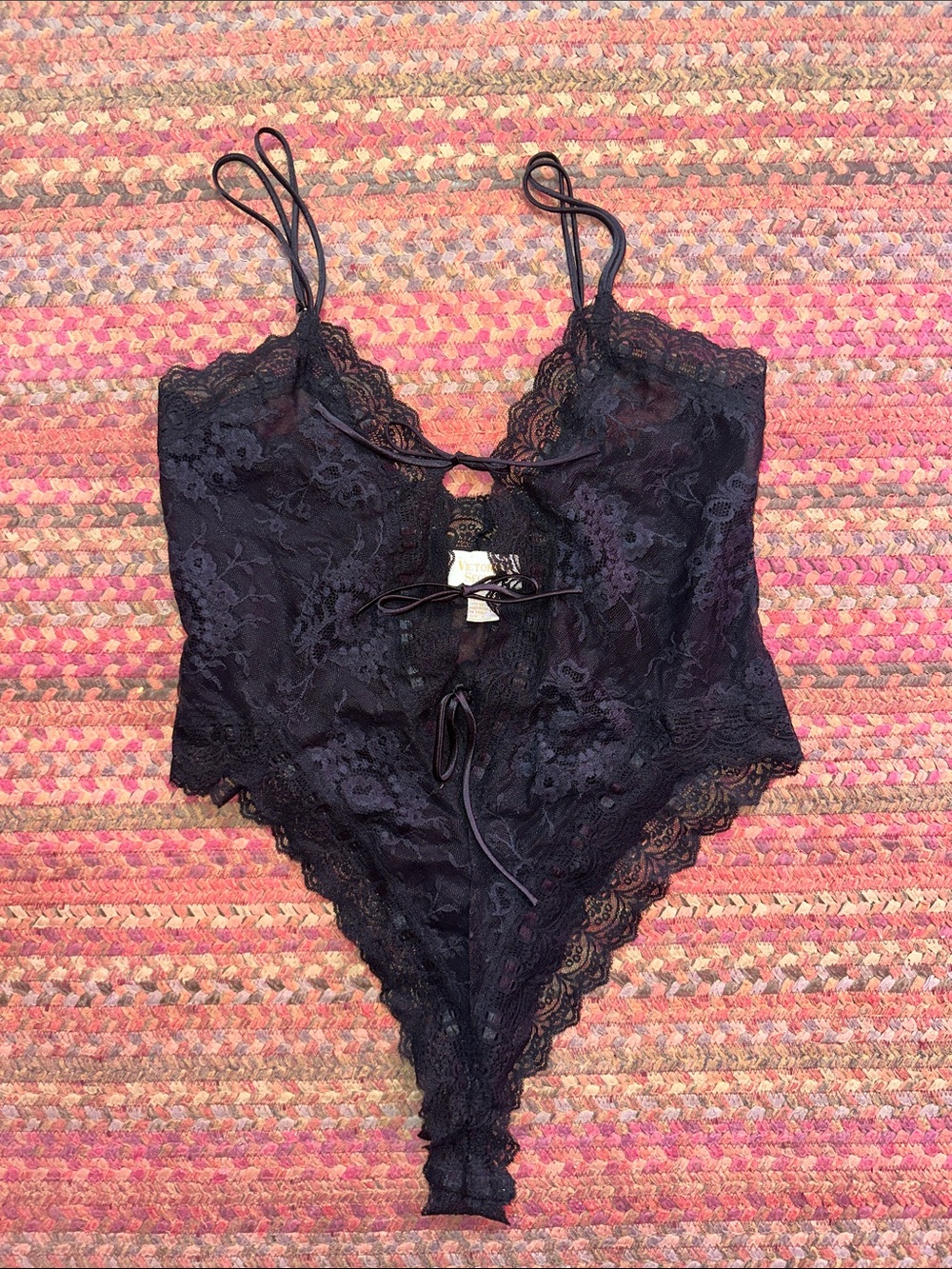 80s VTG VICTORIAS SECRET Black Lace TIE FRONT Teddy Bodysuit